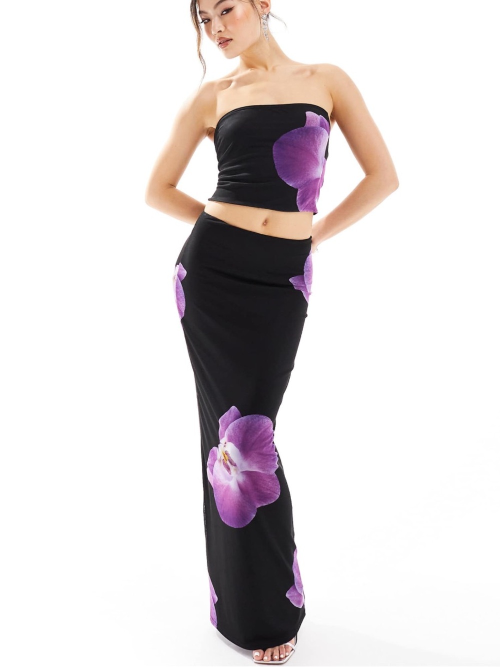 floral back and purple maxi skirt and bandeau top matching set ⚡️